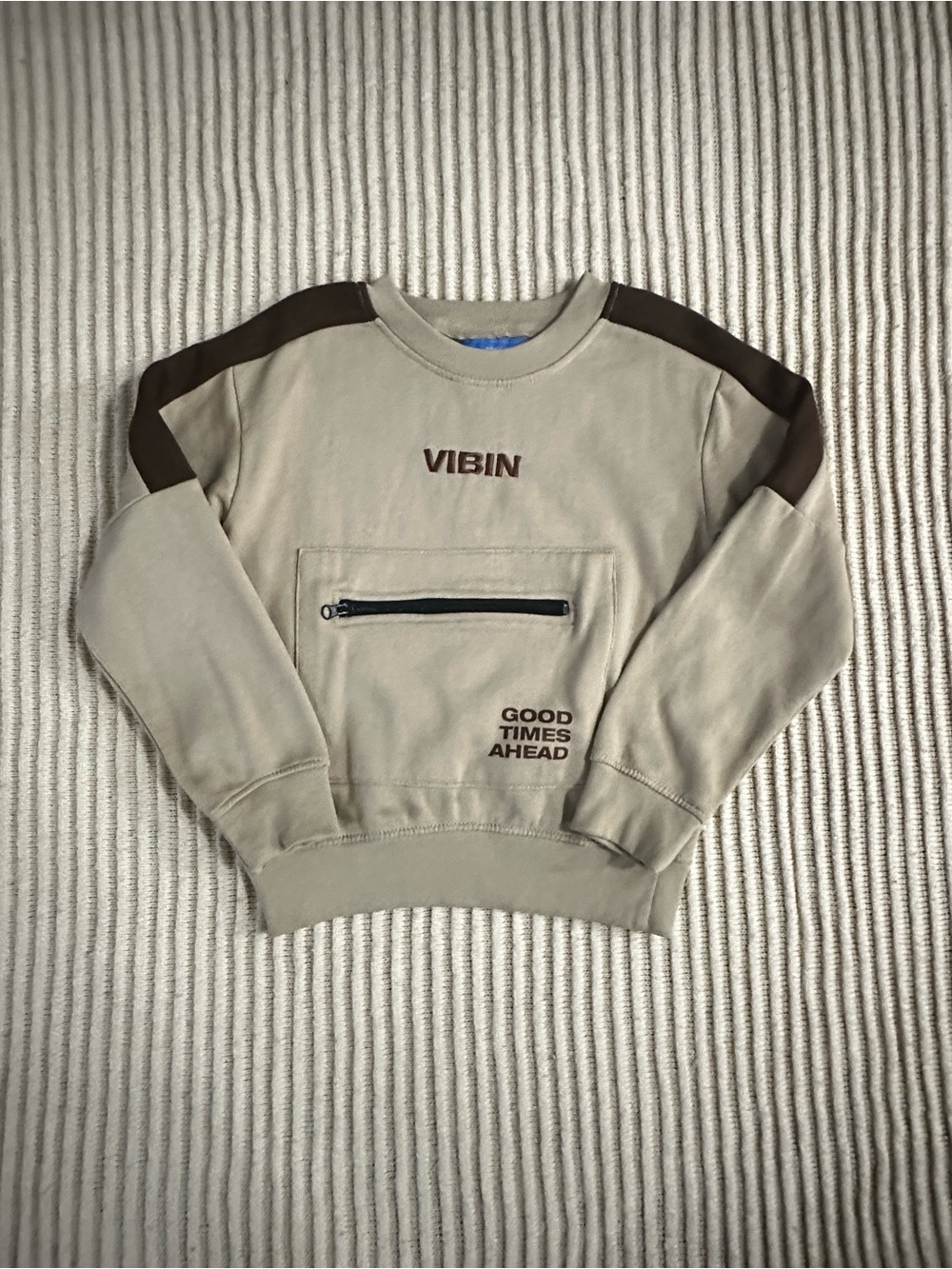Beige Crewneck Sweatshirt with Brown Shoulder Detail